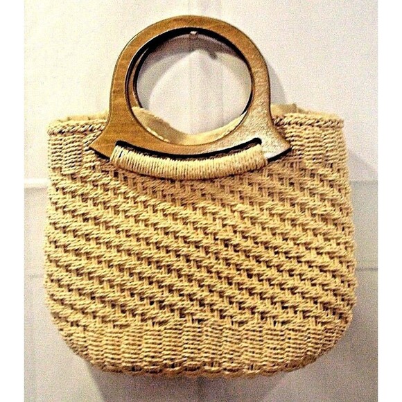 Cappelli Straworld Purse Raffia Straw Womens Handbag Lined Wooden Handles - Picture 1 of 4